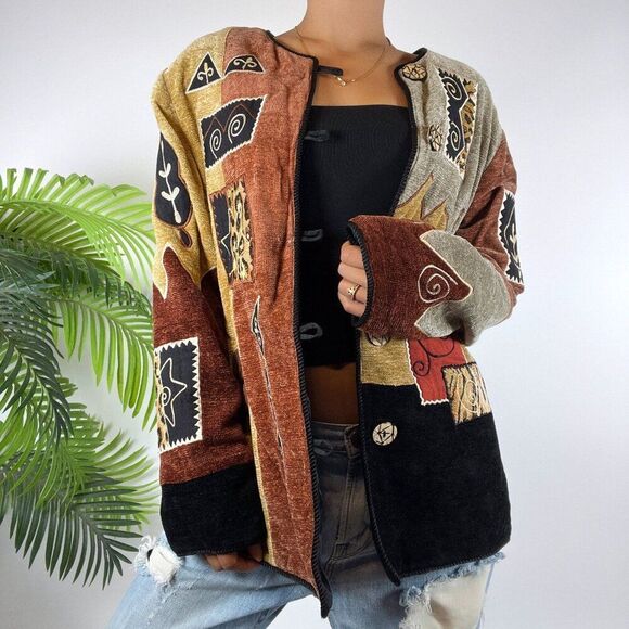 Vintage 90s Indigo Moon Fairy Grunge Patchwork Bohemian Oversized Jacket / M - Picture 6 of 7